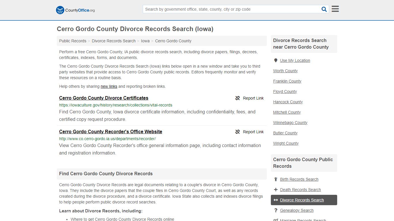 Cerro Gordo County Divorce Records Search (Iowa) - County Office